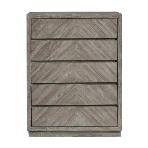 Herringbone Solid Wood 5 Drawer Chest in Rustic Latte - Furniture Story