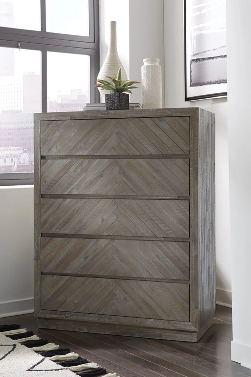 Herringbone Solid Wood 5 Drawer Chest in Rustic Latte - Furniture Story