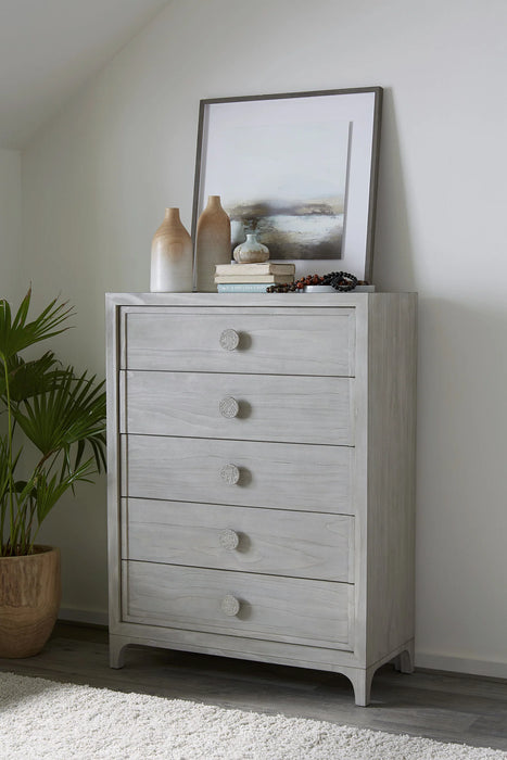 Boho Chic Five-Drawer Chest in Washed White - Furniture Story