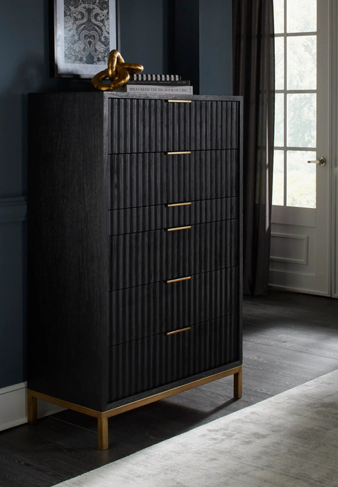 Kentfield Solid Wood Six Drawer Chest in Black Drifted Oak - Furniture Story