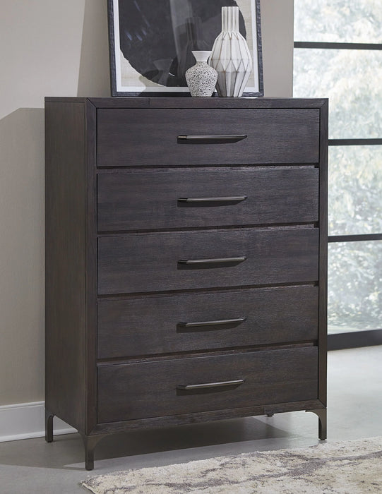 Lucerne Five-Drawer Metal Leg Chest in Vintage Coffee - Furniture Story